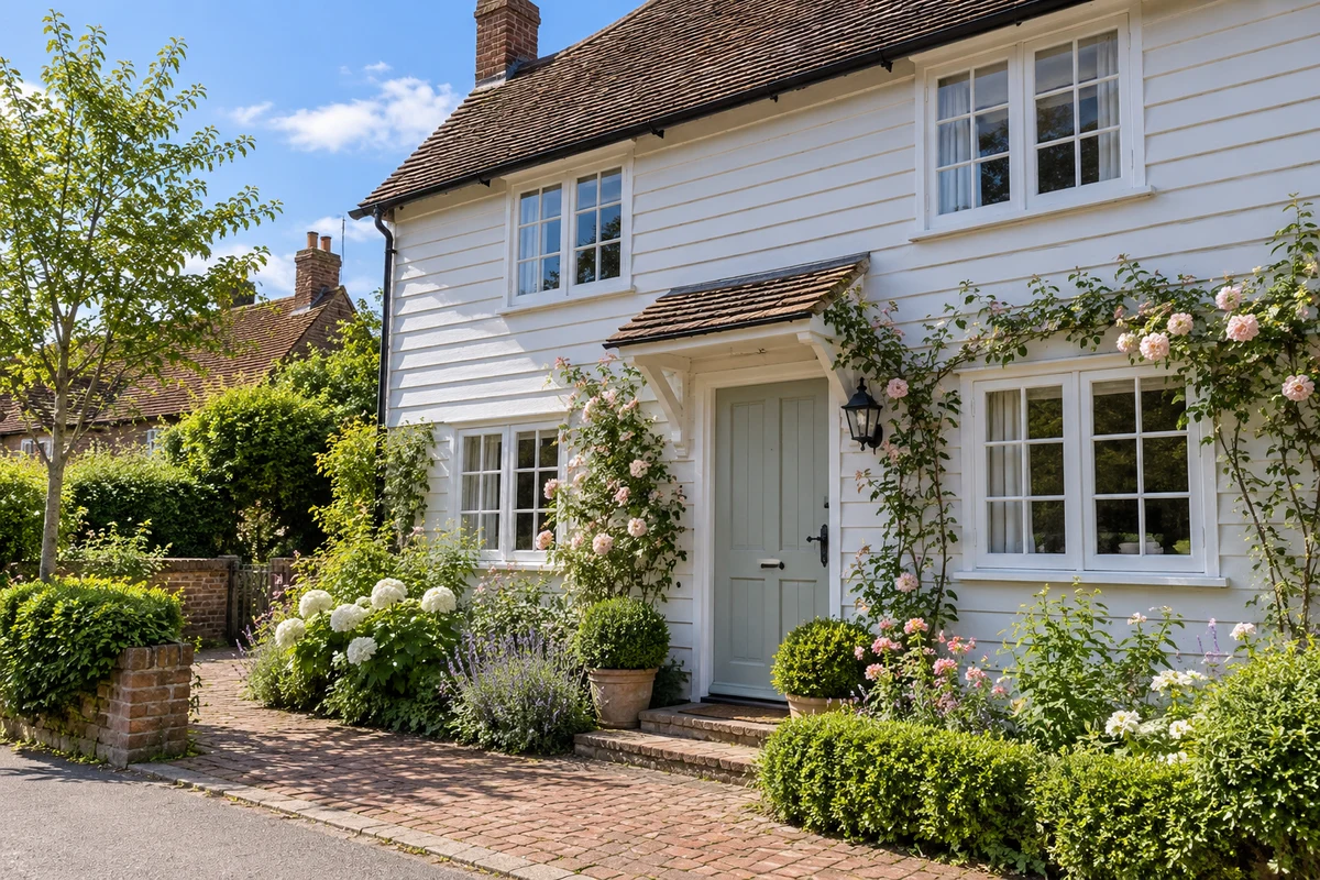 Illustration of a timber-framed Edenbridge house with traditional casement windows