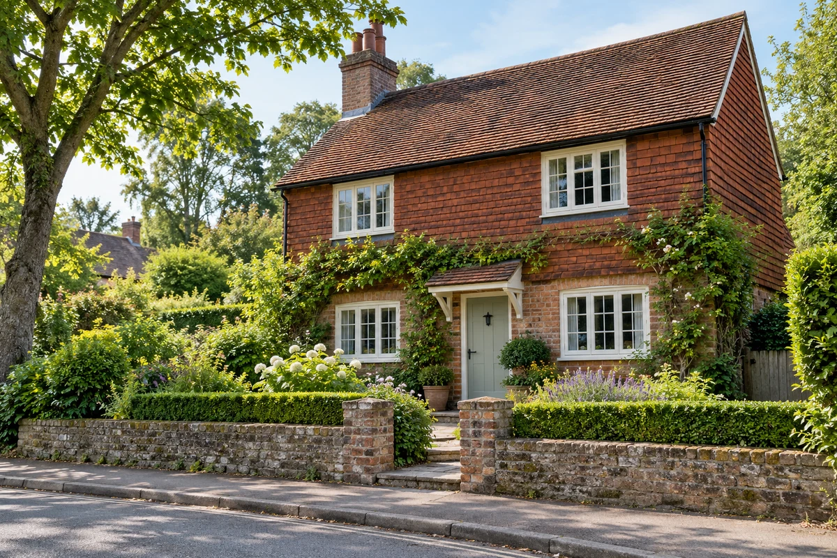 Illustration of a stone cottage in Limpsfield with painted flush casement windows