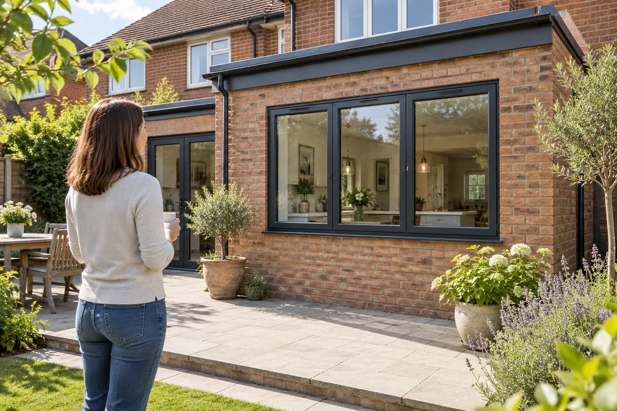 Charcoal aluminium casement in a modest rear extension