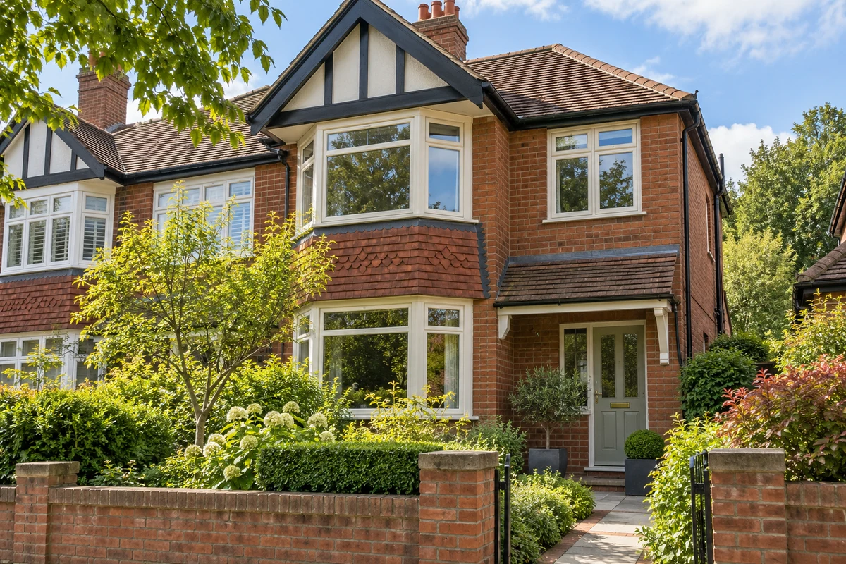 Cream flush casement beside Edwardian tile hanging
