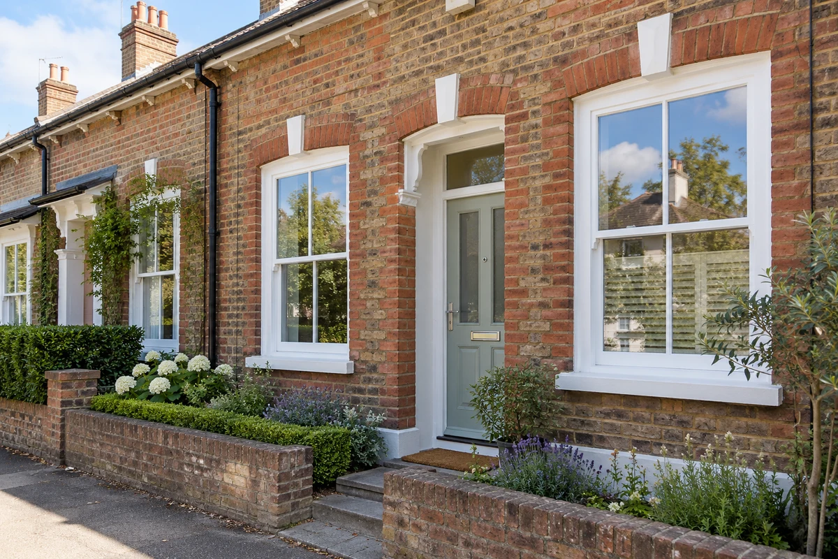 White vertical sash in a modest Victorian brick frontage