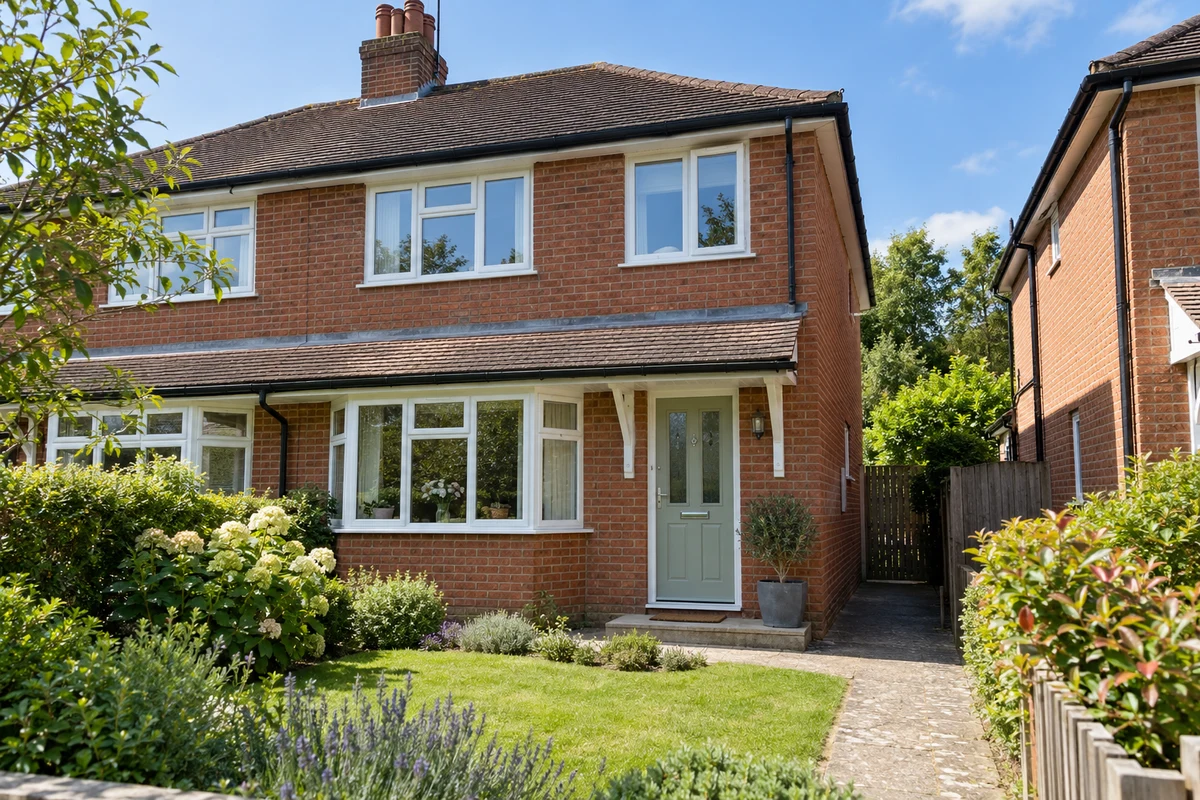 White chamfered casement on a modest brick semi