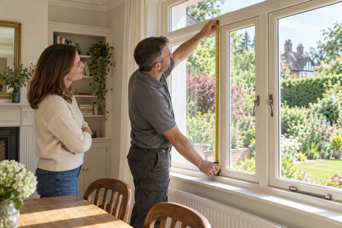 Adult installer in unbranded workwear discussing an Oxted-style casement with an adult homeowner