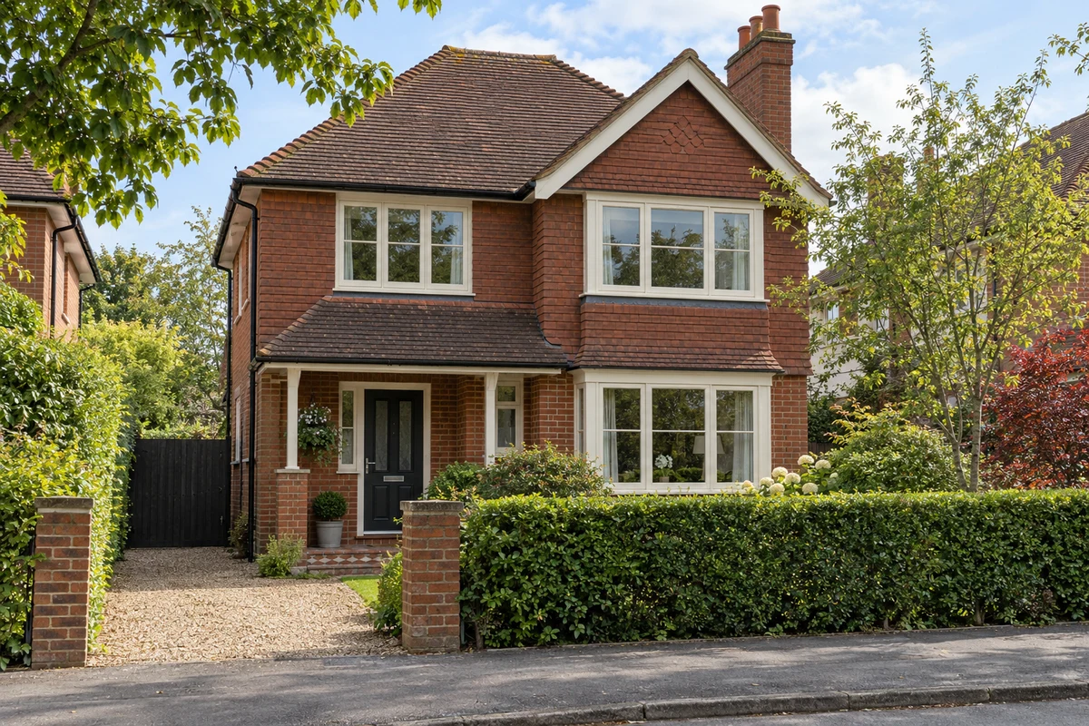Illustrative Edwardian Oxted house with brick walls and cream flush casement windows
