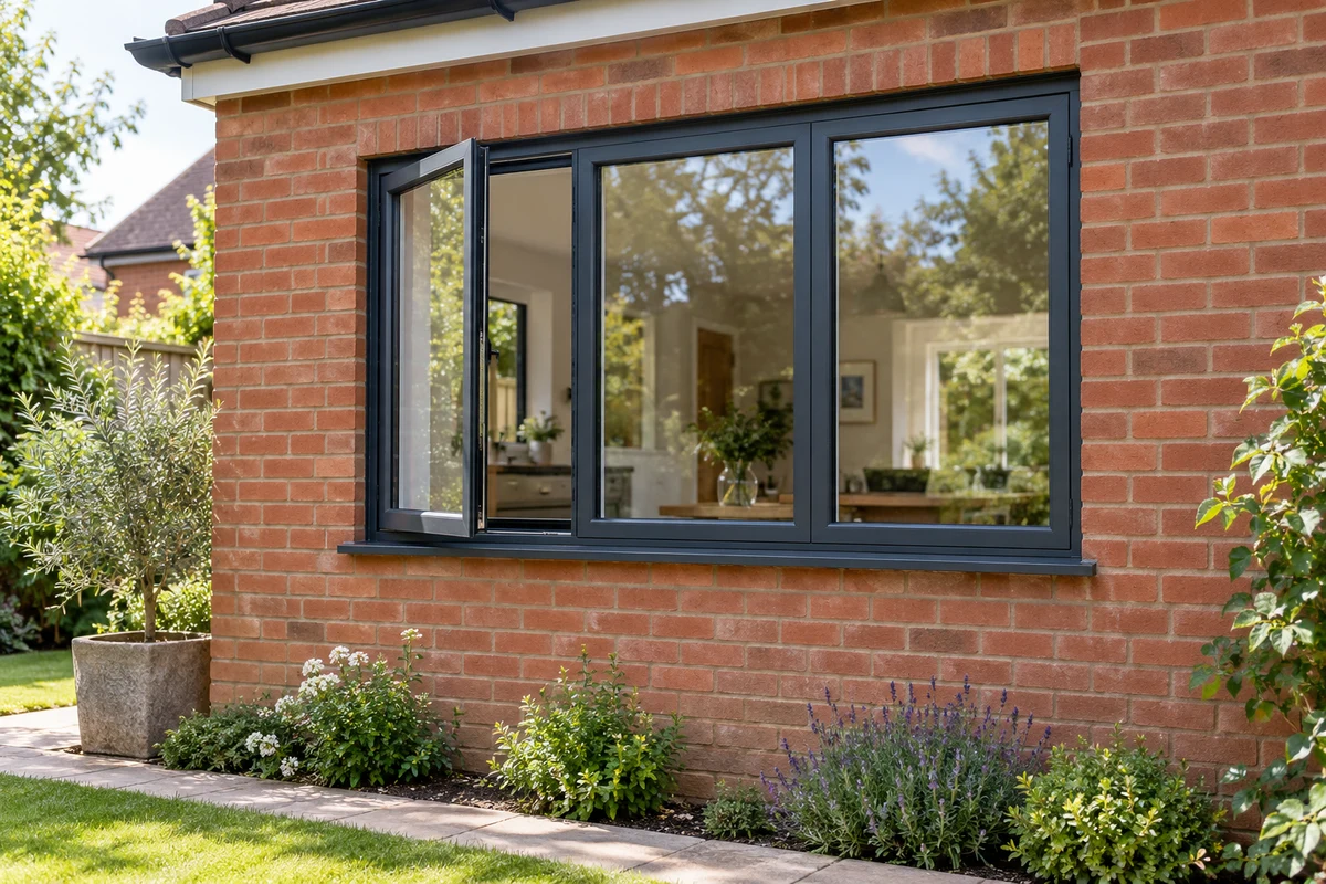 Charcoal slimline aluminium casements in a brick rear elevation