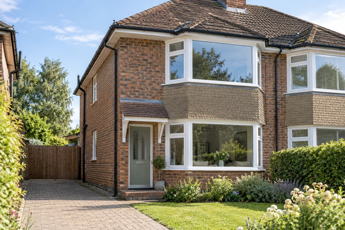 Illustration of a three-unit white flush uPVC canted bay in a modest Oxted brick semi