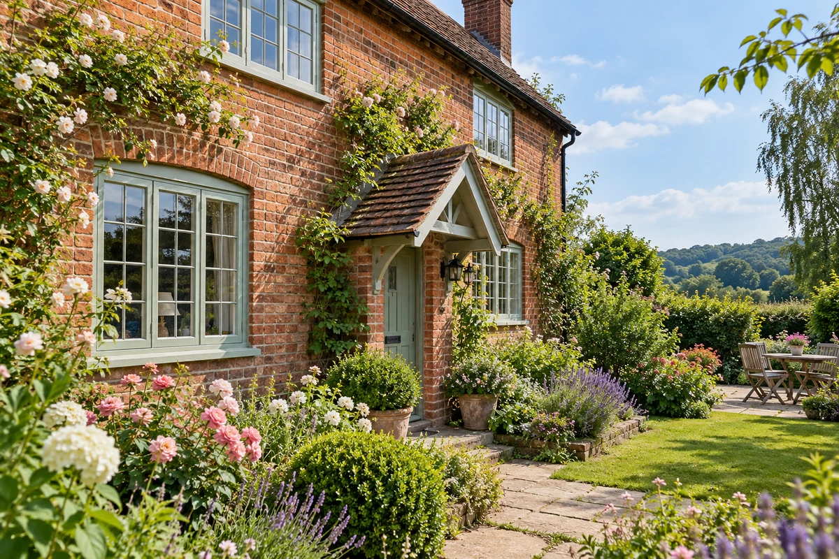 Illustration of painted timber casements in a restrained old Oxted cottage with rendered infill